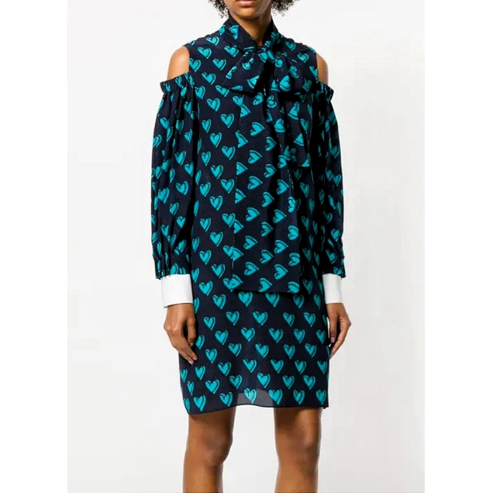 Fendi Heart Lock Silk Cold Shoulder Bow Puff Sleeve Mini Dress